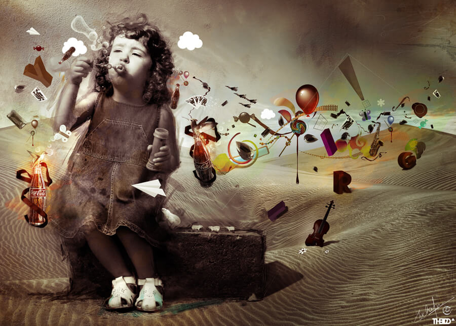 alt="girl blowing bubbles made of different items"